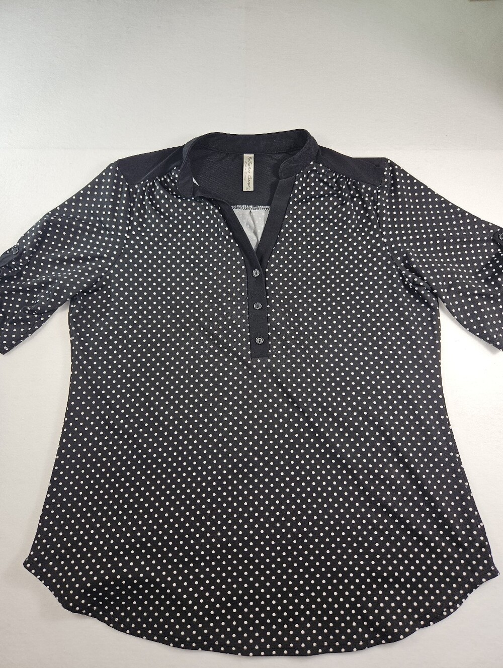 PerSeption Concept Women's Polka Dot Blouse Black/White 3/4 Sleeve V-Neck Sz XL